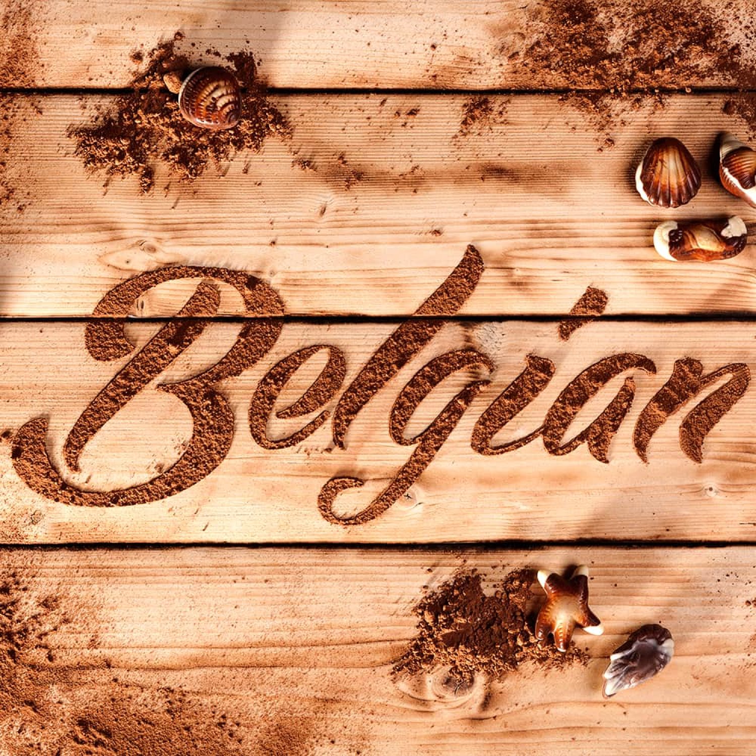 Belgian Legend chocolate packaging design — brand visualization with cocoa powder background