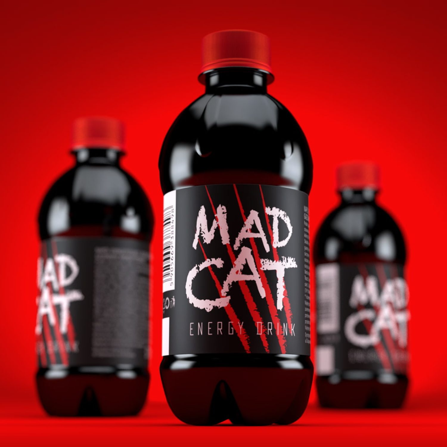 MAD CAT energy drink — label design with claw marks and bold red-black contrast
