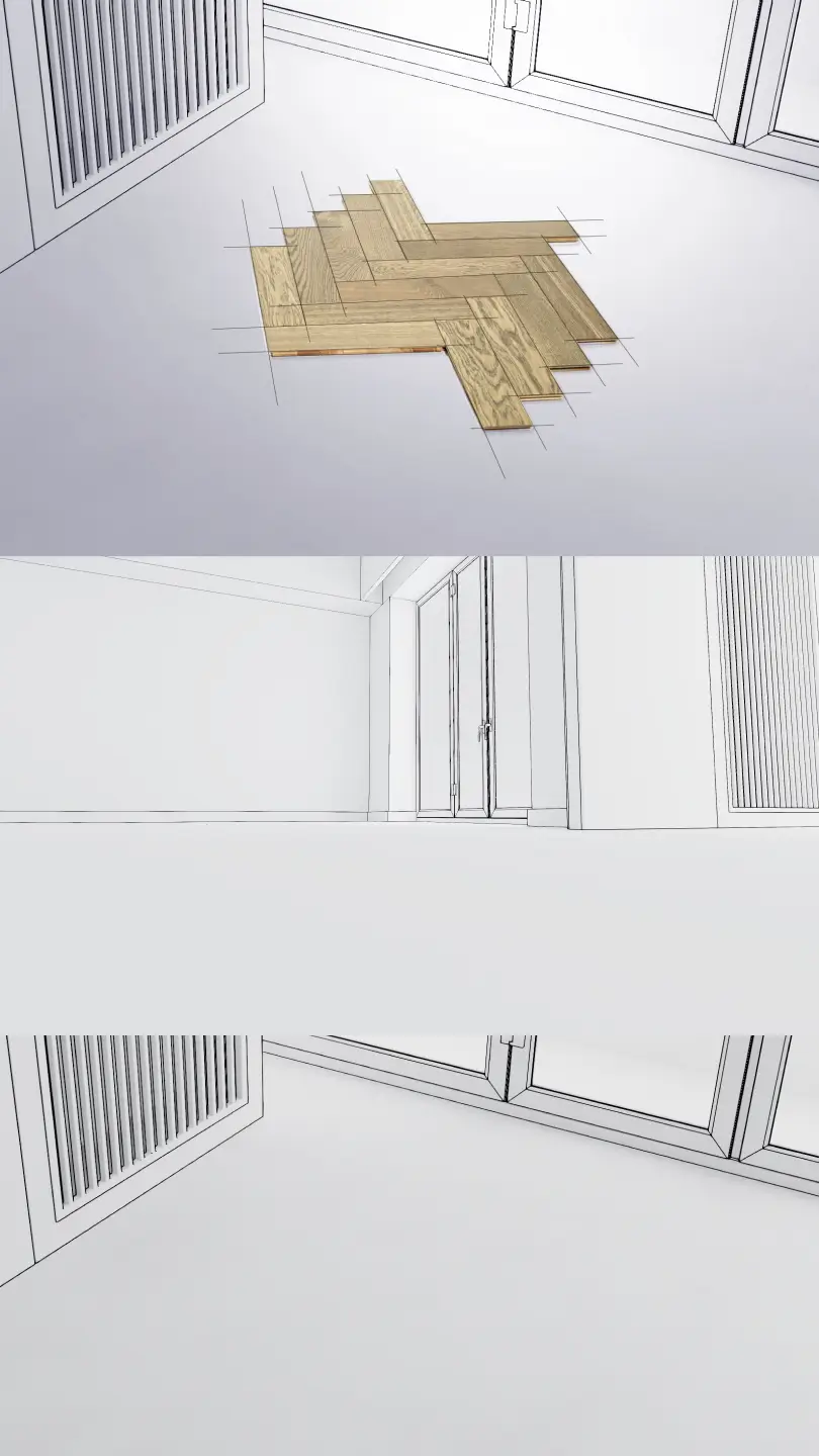 Stop-motion animation of COSWICK parquet herringbone layout in 3D interior