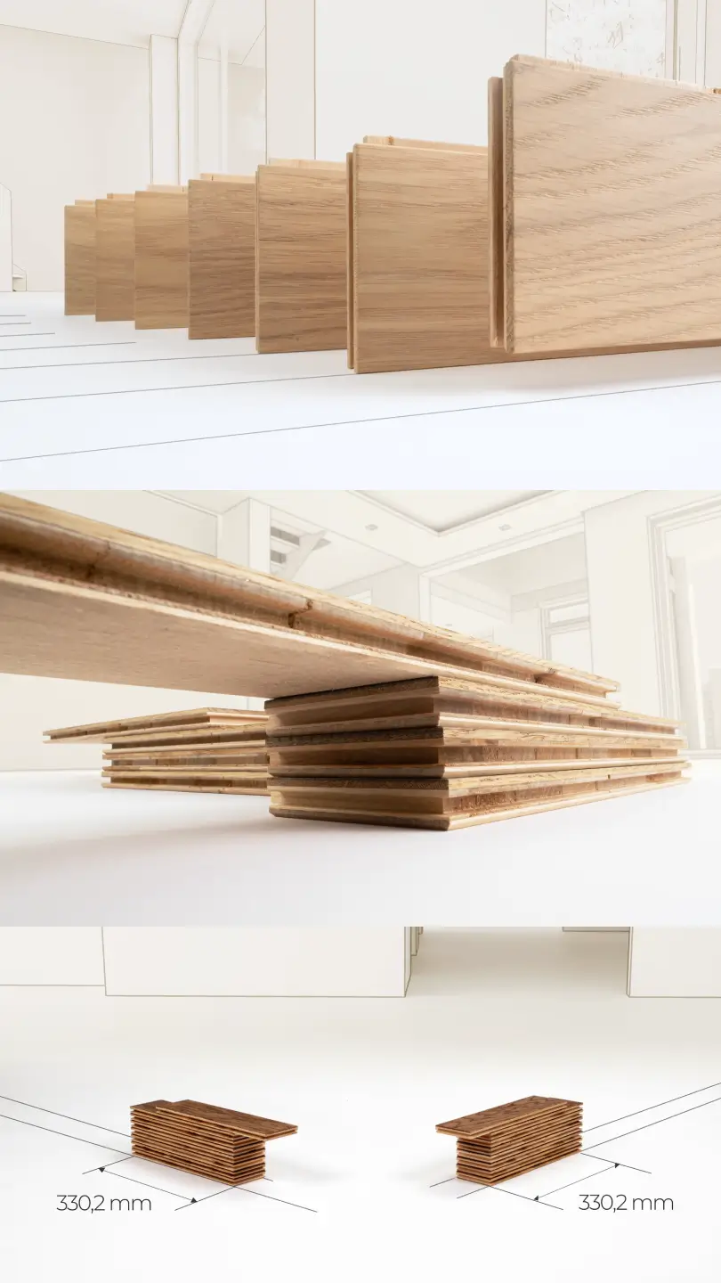 COSWICK parquet animation — mini planks and dimensions in 3D scene