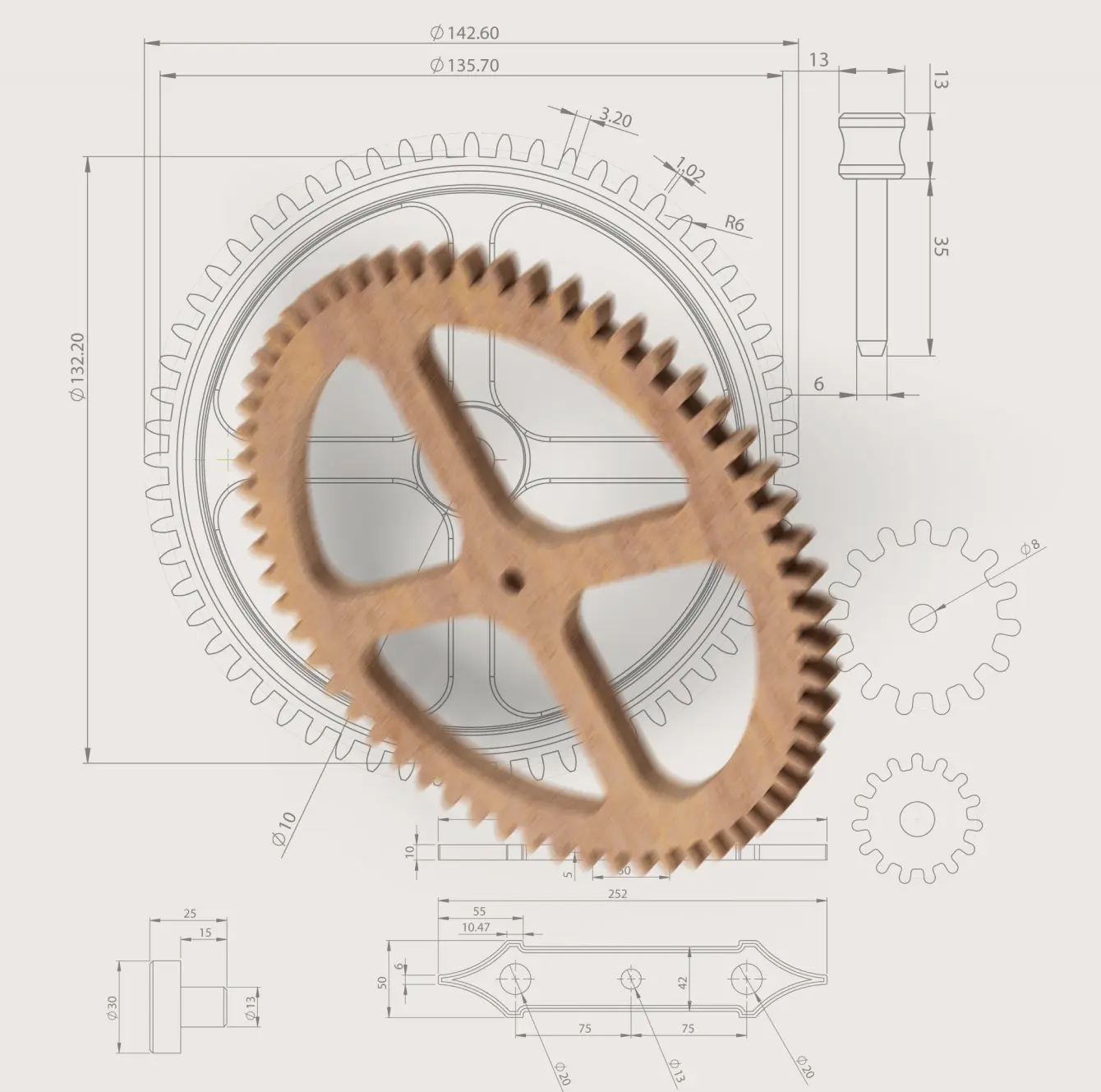 Чертёж деревянной шестерёнки для новогоднего ролика COSWICK — визуализация времени и традиций